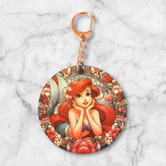 Handmade Accessories - Princess Ariel Little Mermaid Floral Fan Art Keychain/ Bag Clip